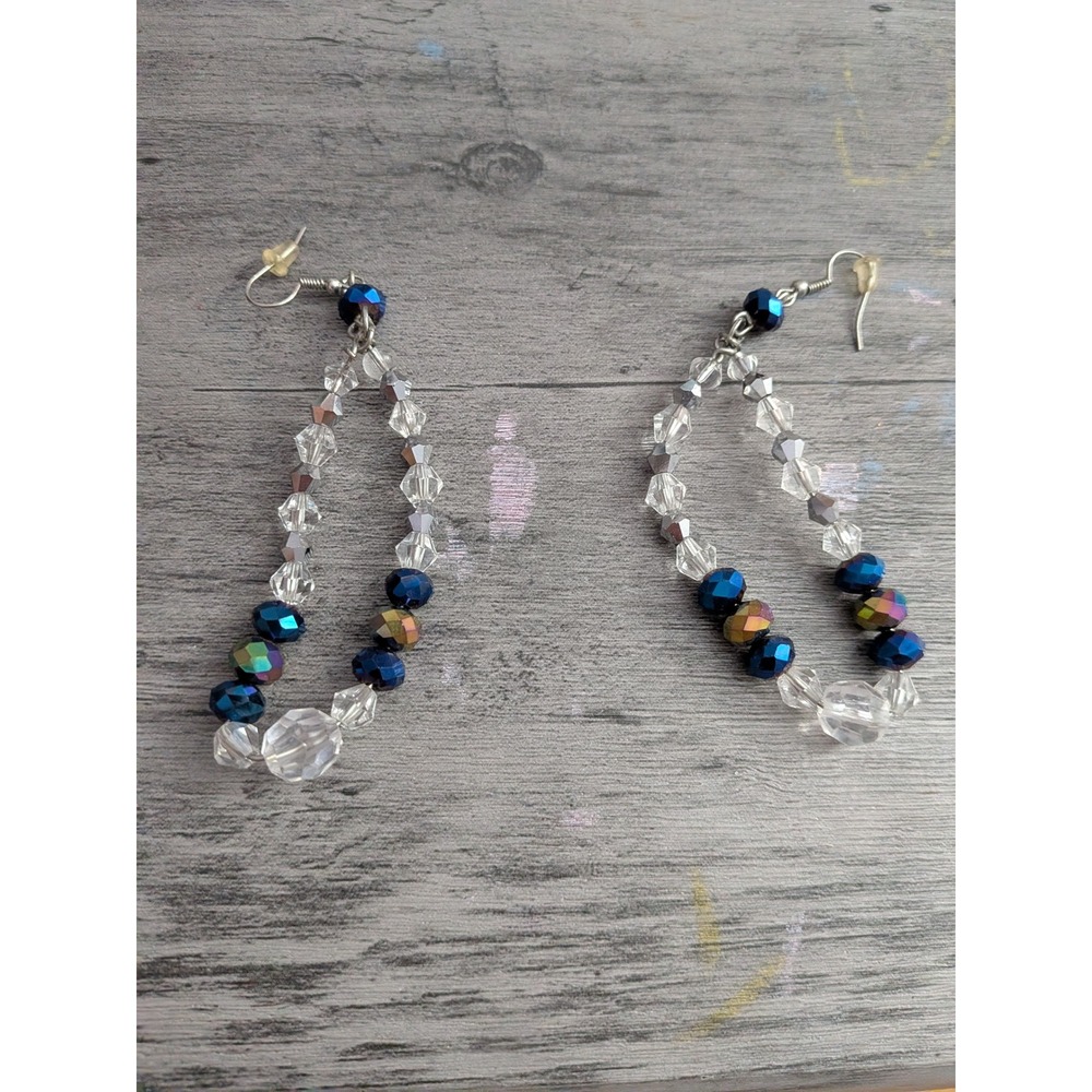 Blue Iridescent Crystal Beaded Drop Earrings Silver Tone AB Glass Dangle